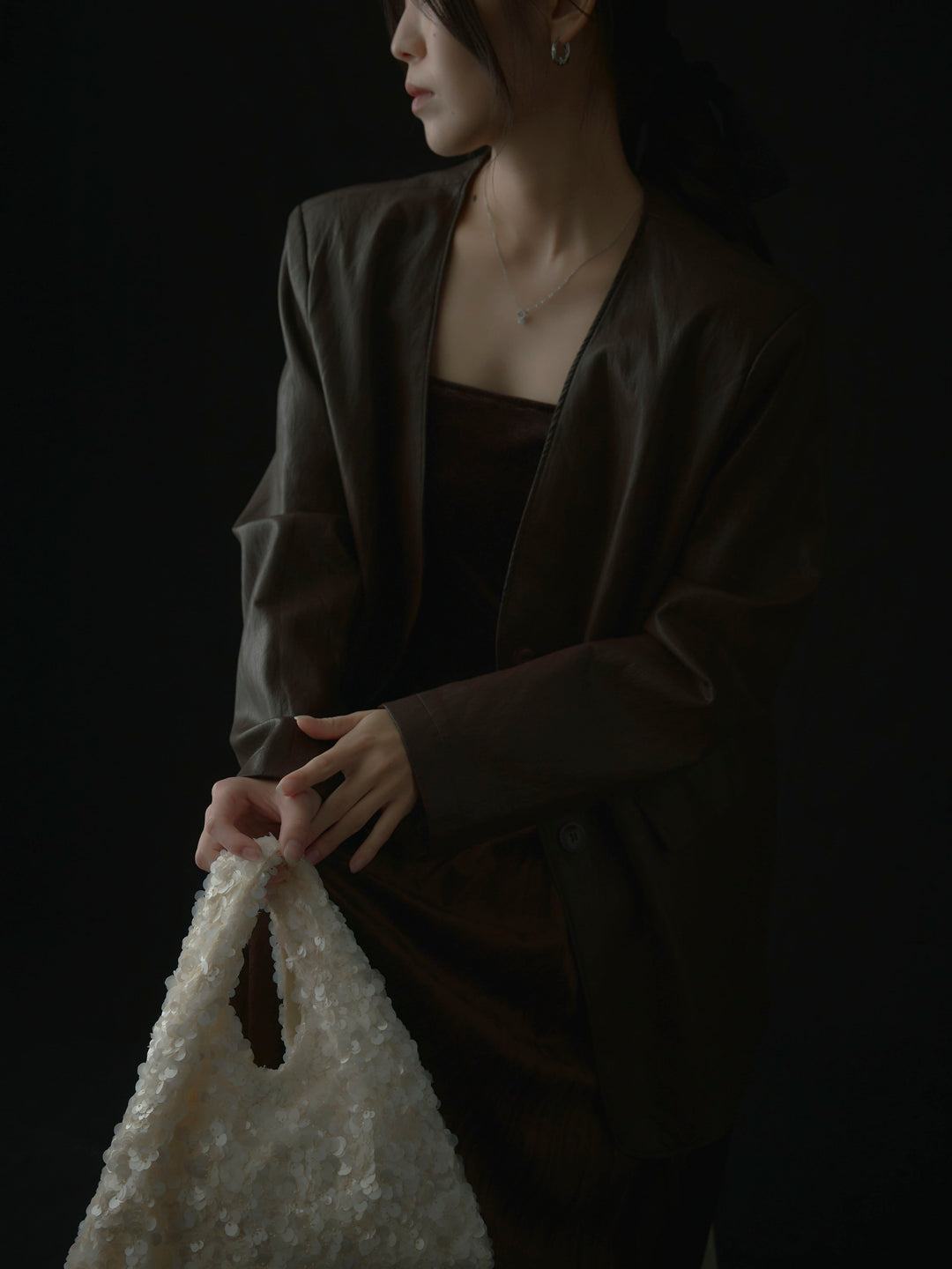 【SET】レザーノーカラージャケット+ベロアワッシャープリーツスカート(2set)