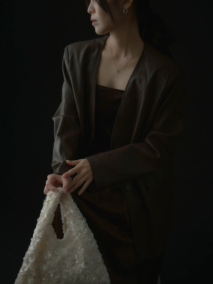 【SET】レザーノーカラージャケット+ベロアワッシャープリーツスカート(2set)