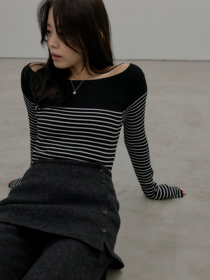 【SET】ハーフボーダーニットトップス+ミックスヤーンニットラップパンツ(2set)