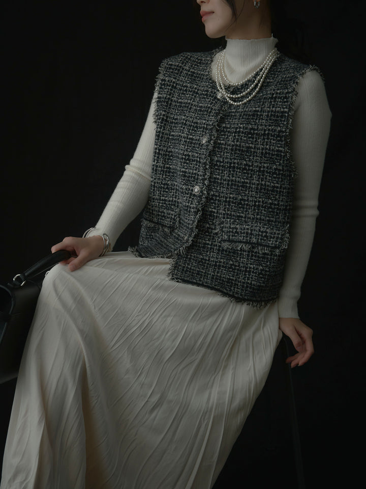 【SET】ツイードフリンジベスト+リブニットタートルネック+ベロアワッシャープリーツスカート(3set)