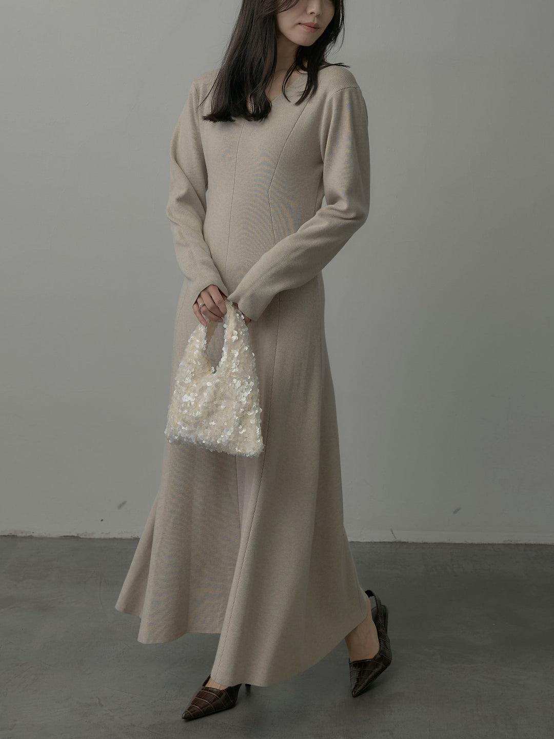 【SET】ショールカラーニットカーディガン+Vネックニットロングワンピース(2set)