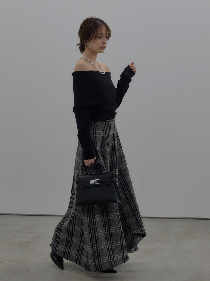 【SET】【premium touch】ソフトリブオフショルニットトップス+【Essential】クラシカルチェックウールタッチスカート(2set)