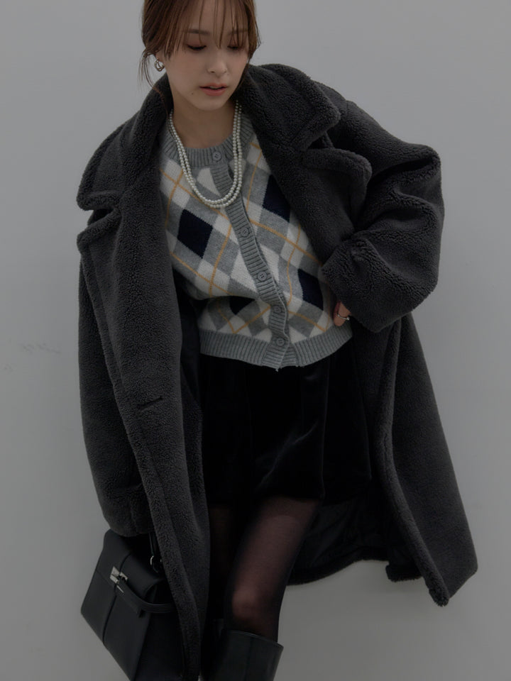 【SET】テディボアロングコート+アーガイル柄コンパクトニットカーディガン+ベロアバルーンミニスカート(インパン付き)(3set)
