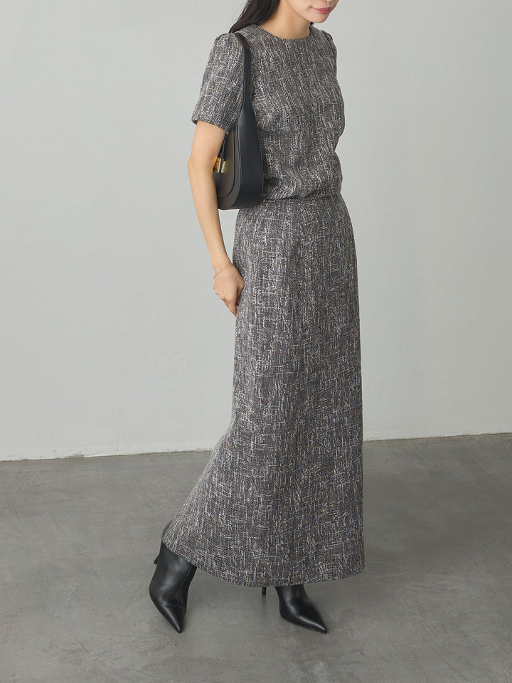 【SET】【Essential】ツイードハーフスリーブトップス+【Essential】ツイードペンシルスカート(2set)