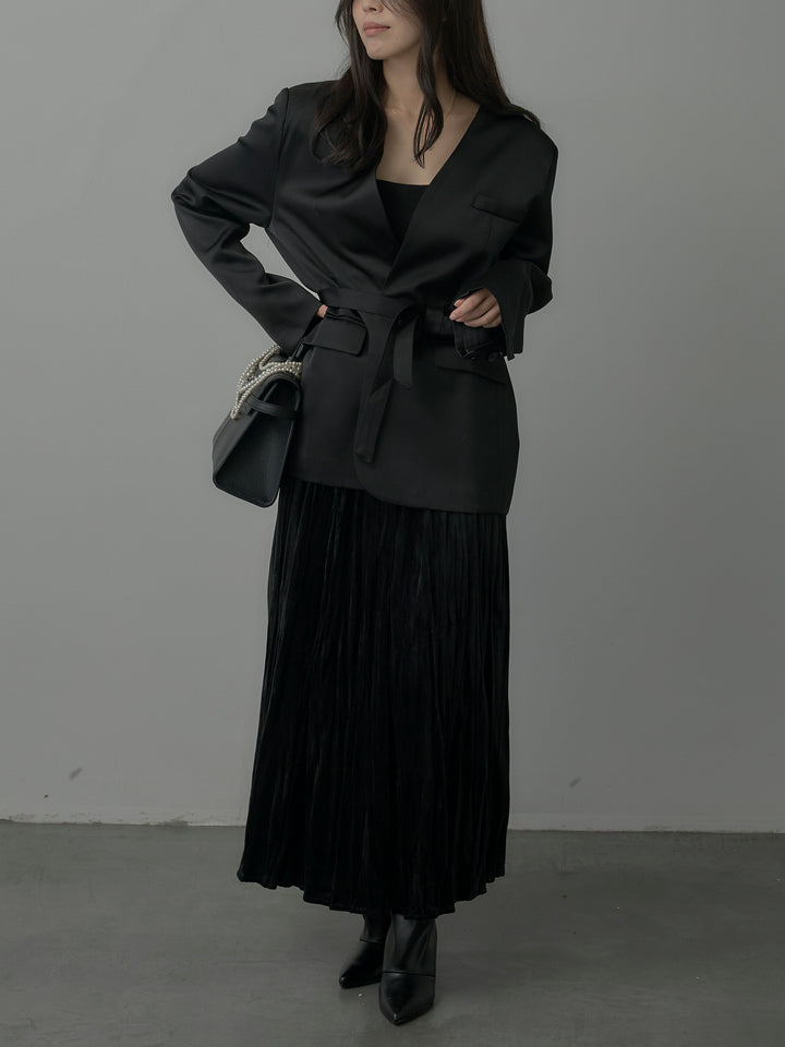 【SET】ノーカラーサテンジャケット+ベロアワッシャープリーツスカート(2set)