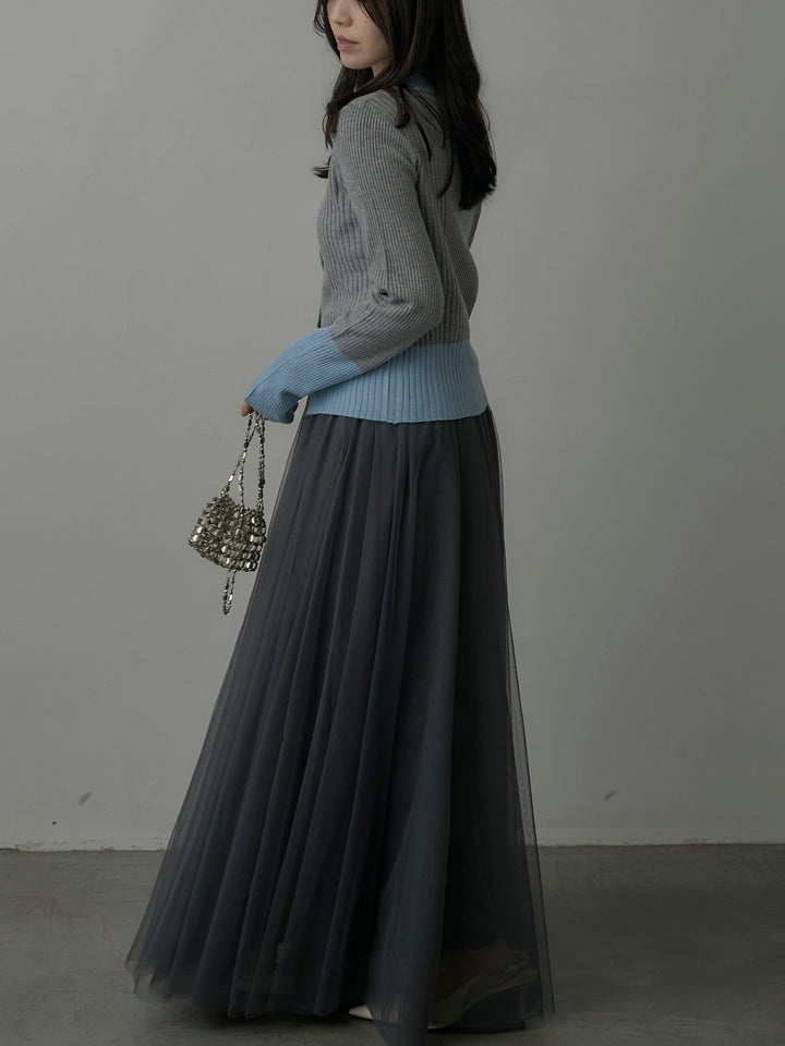 【SET】バイカラーリブニットポロトップス+ボリュームチュールスカート(2set)