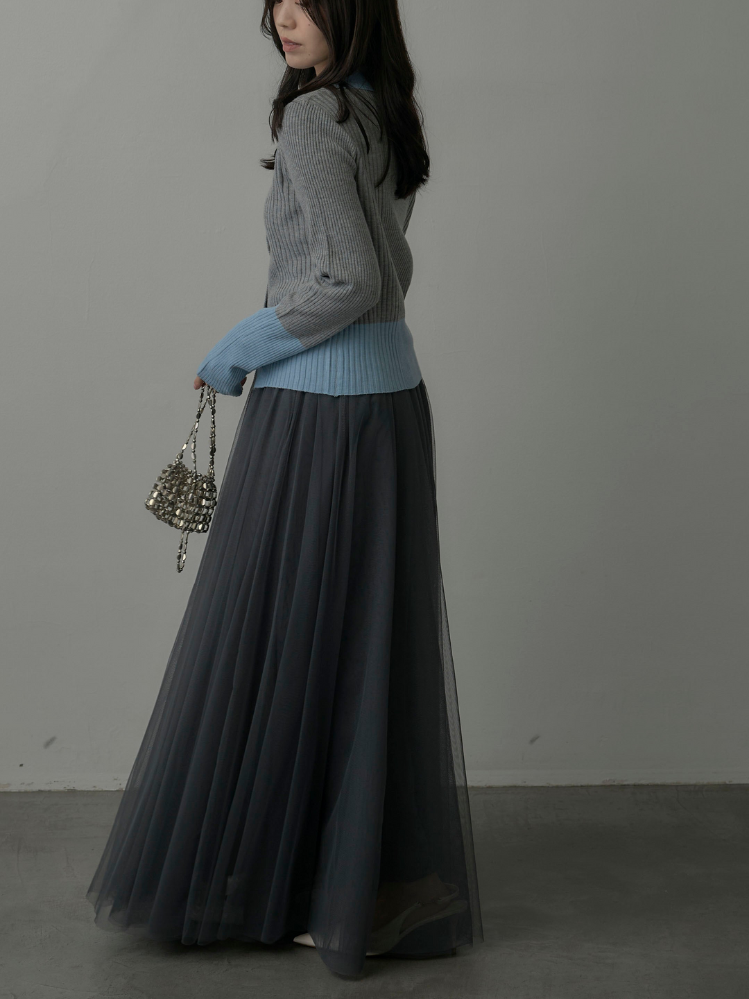 【SET】バイカラーリブニットポロトップス+ボリュームチュールスカート(2set)