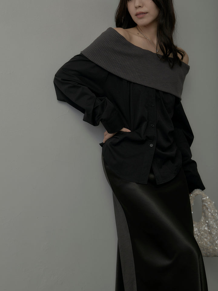 ニットシャツドッキングオフショルトップス