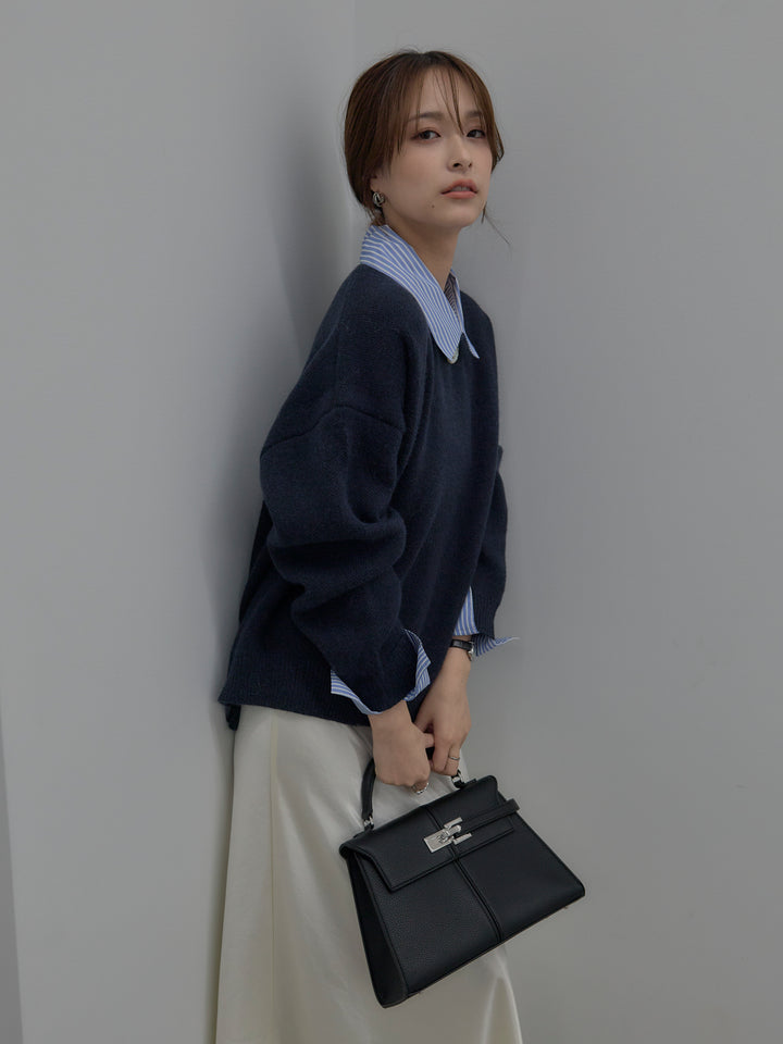 【SET】シャツドッキング肉厚ニットプルオーバー+ナローAラインサテンスカート(2set)