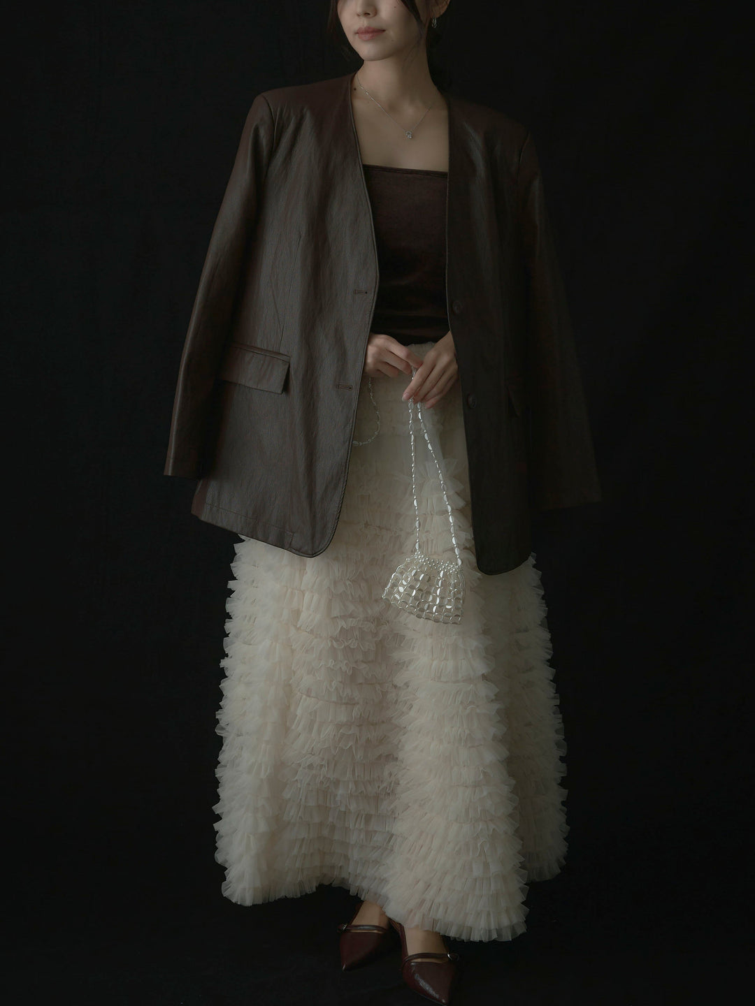 【SET】レザーノーカラージャケット+ドラマチックフリルチュールスカート(2set)