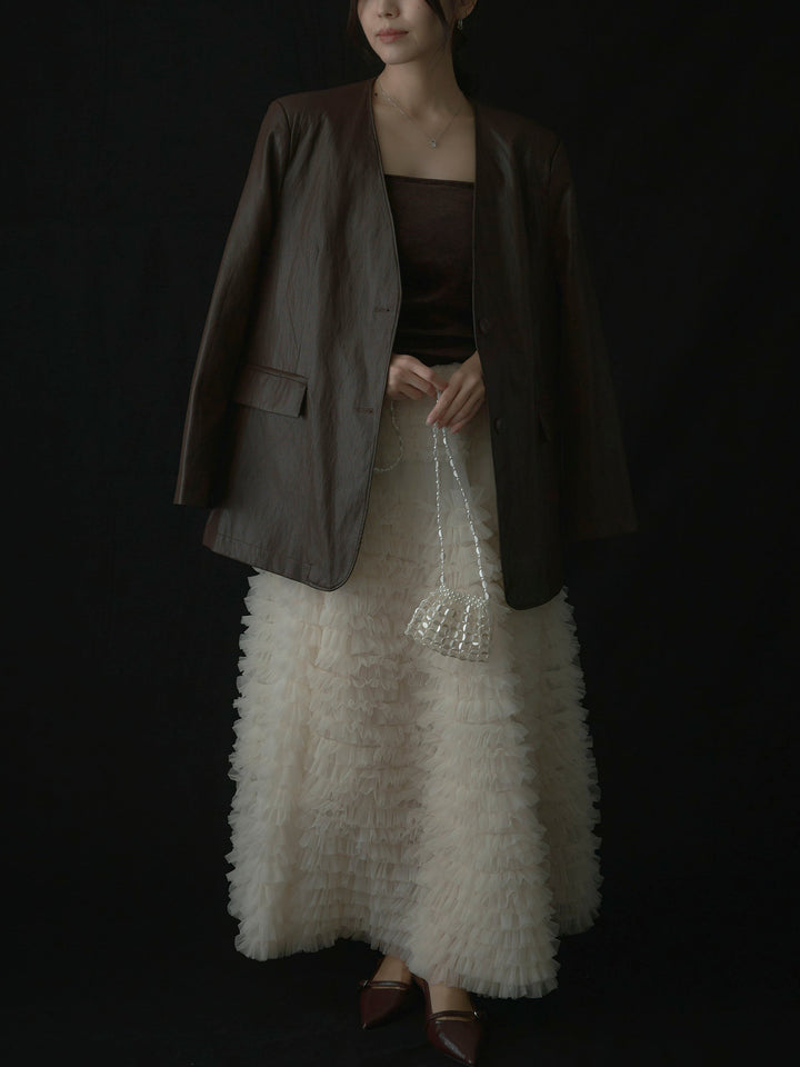 【SET】レザーノーカラージャケット+ドラマチックフリルチュールスカート(2set)