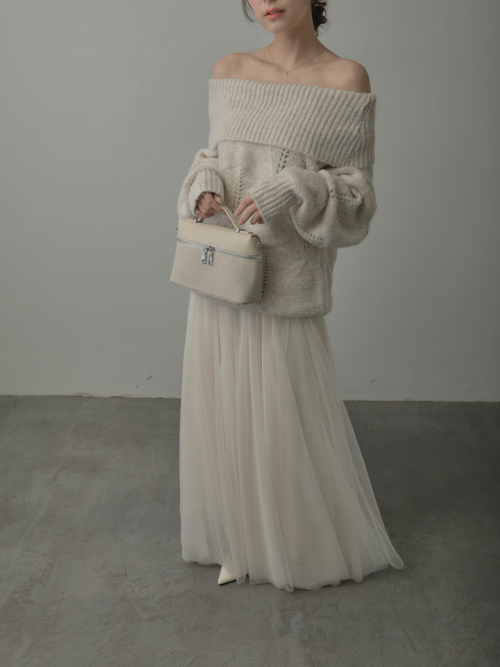 【SET】メランジニットオフショルトップス+ボリュームチュールスカート(2set)