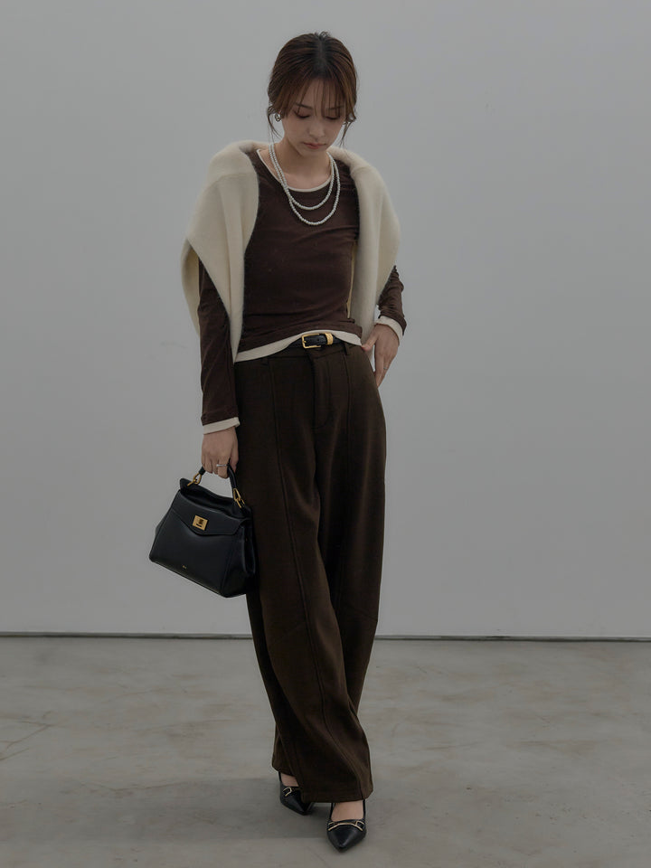 【SET】バイカラーレイヤードカットソー+カーブデザインスウェットライクパンツ(2set)