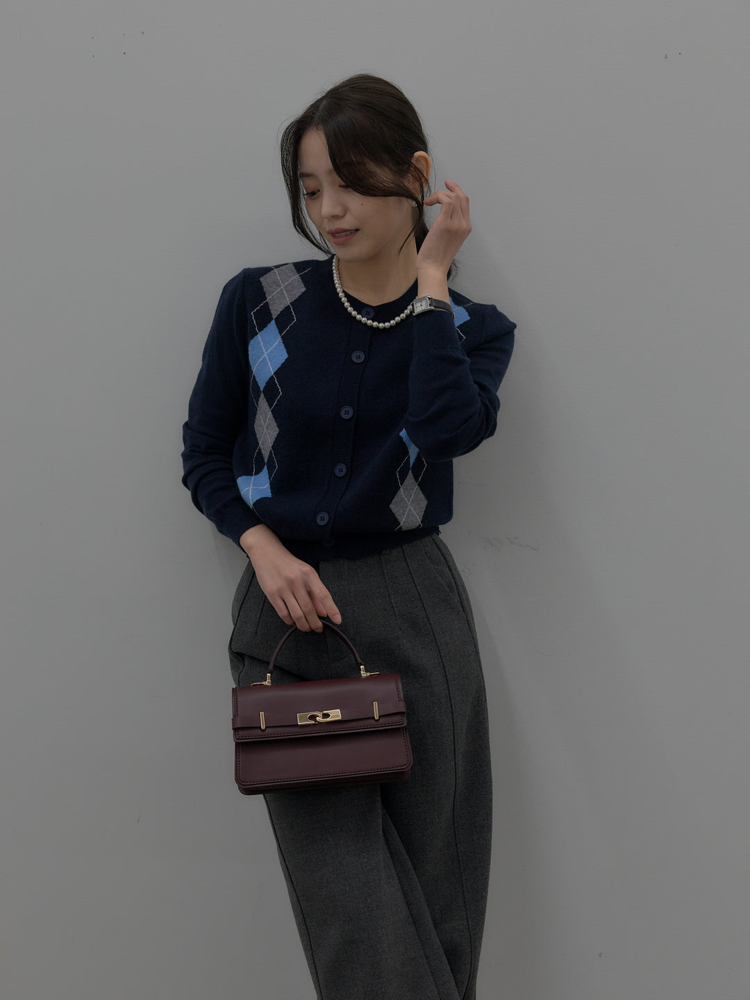 【SET】アーガイル柄ニットカーディガン+裏起毛デザインワイドパンツ(2set)