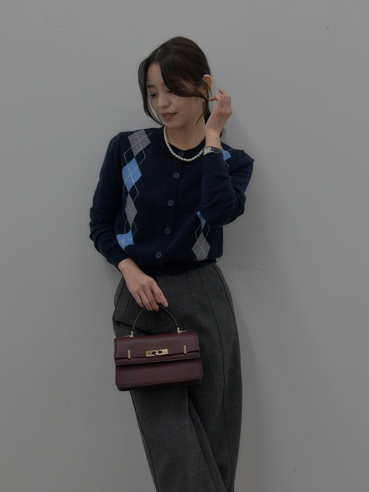 【SET】アーガイル柄ニットカーディガン+裏起毛デザインワイドパンツ(2set)