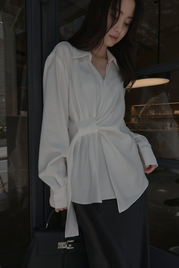 【SET】フロントラップデザインシャツ+ナローAラインサテンスカート(2set)