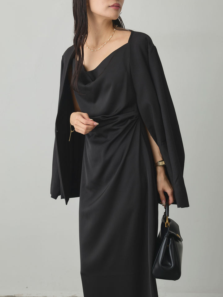 【SET】【Essential】フロントホックノーカラージャケット+【Essential】サテンドレープキャミワンピ(2set)