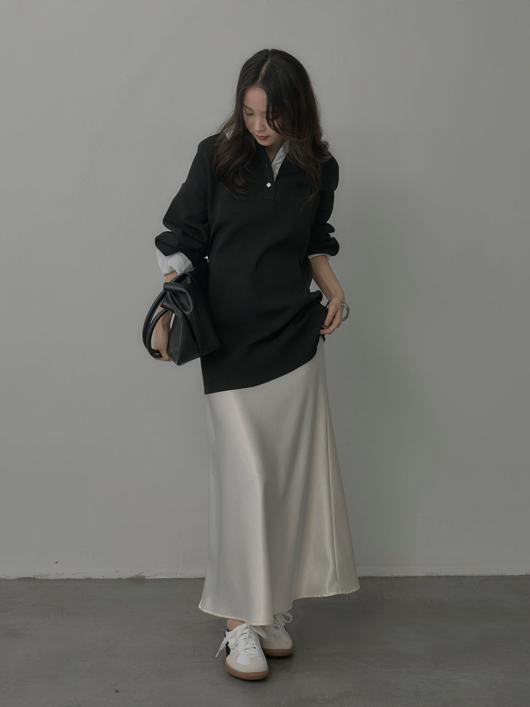 【SET】襟付きポロトップス+ナローAラインサテンスカート(2set)