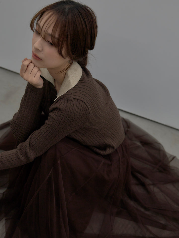 【SET】配色Vネックケーブルニットトップス+ボリュームチュールスカート(2set)