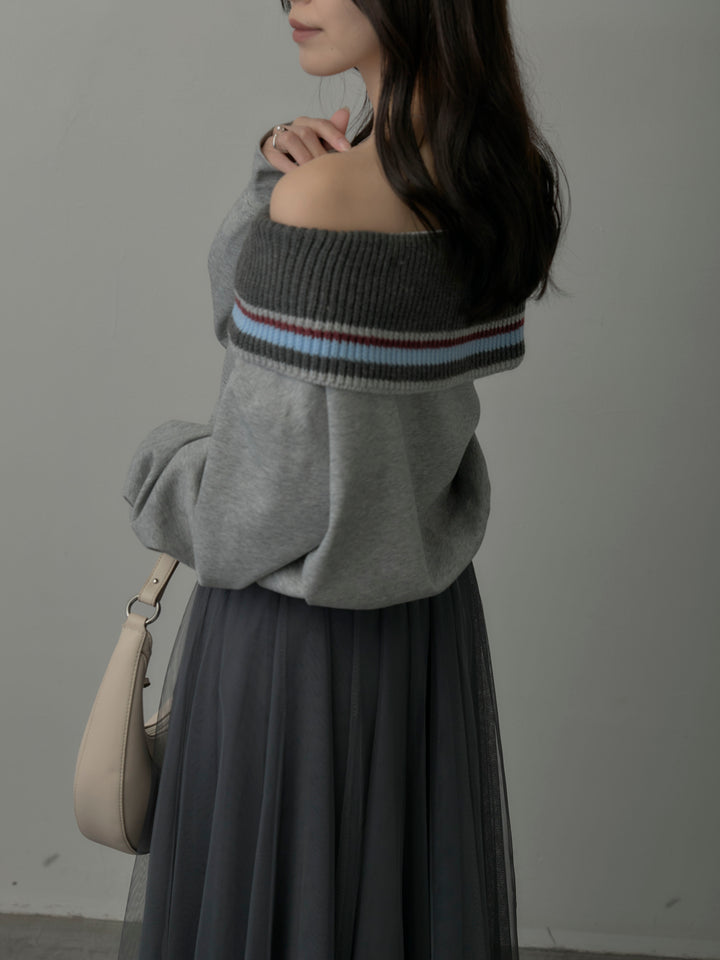 配色ボーダースウェットオフショルトップス