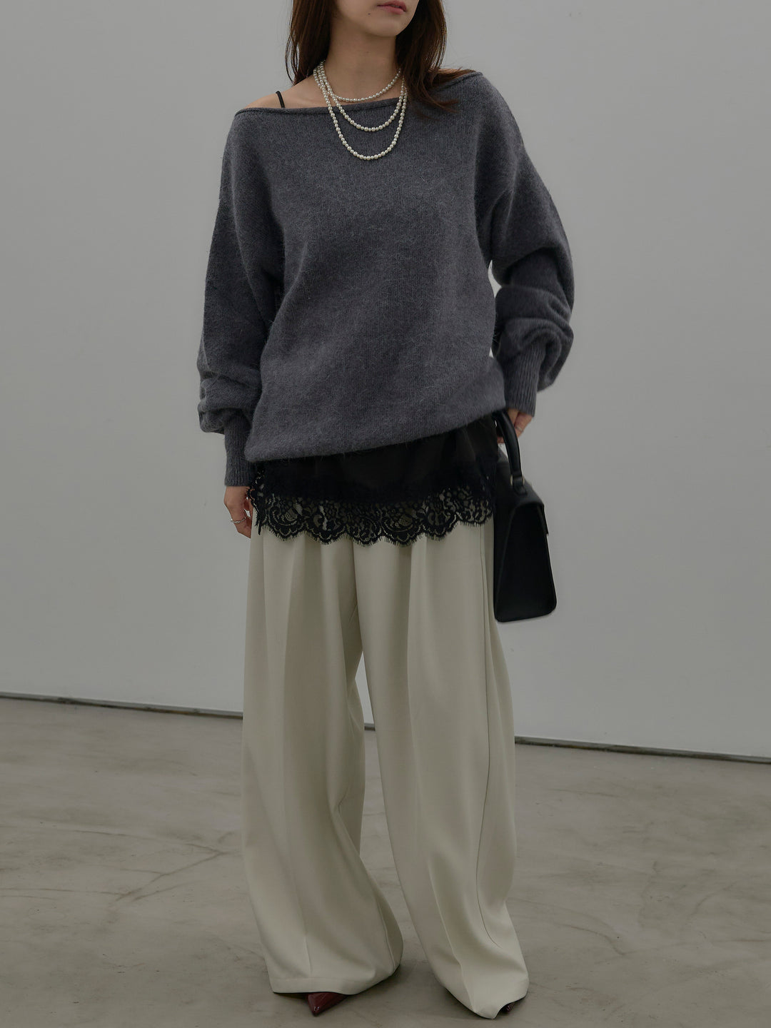 【SET】【premium touch】2wayショルダーニットプルオーバー+レースサテンキャミソール(2set)