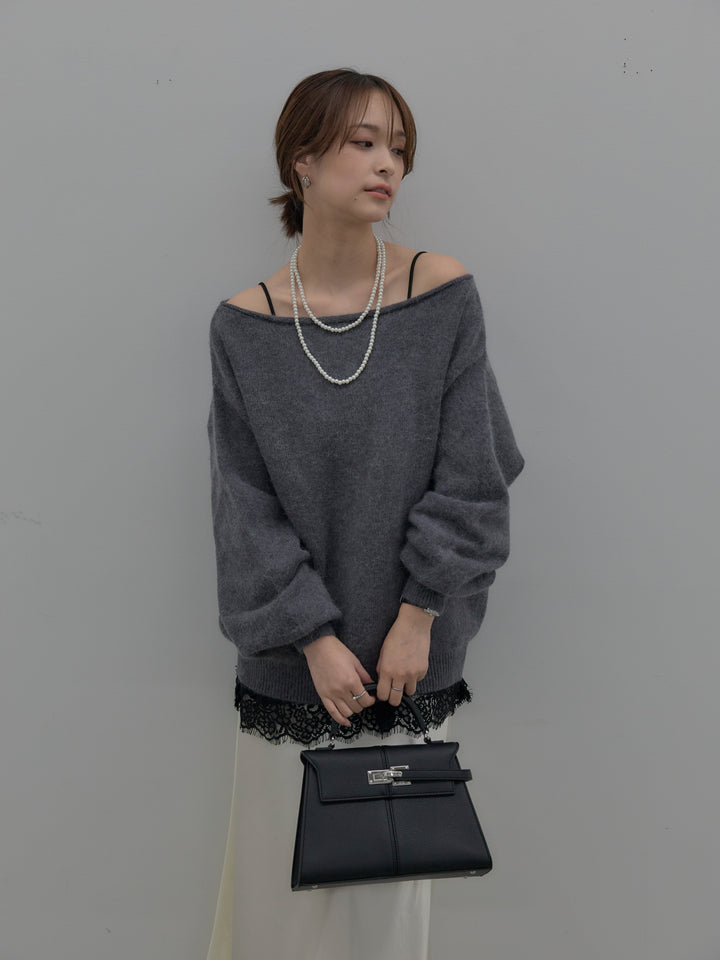 【SET】【premium touch】2wayショルダーニットプルオーバー+レースサテンキャミソール+ナローAラインサテンスカート(3set)