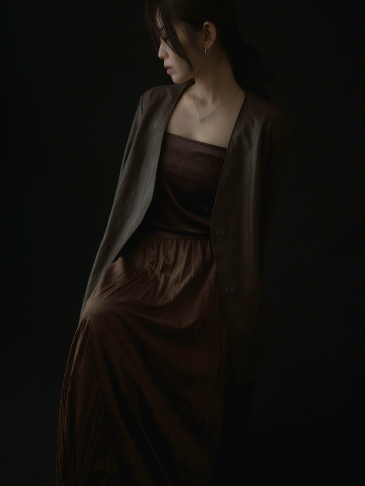 【SET】レザーノーカラージャケット+ベロアワッシャープリーツスカート(2set)