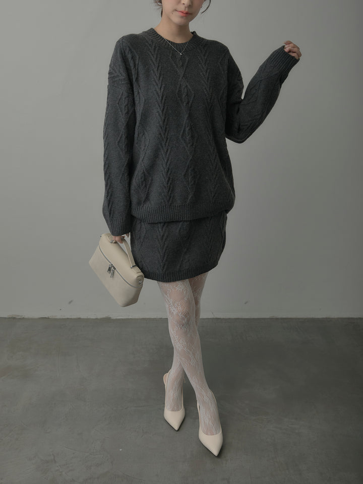 デザイン編みニットトップス&ミニスカート SET UP