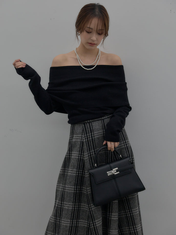 【SET】【premium touch】ソフトリブオフショルニットトップス+【Essential】クラシカルチェックウールタッチスカート(2set)