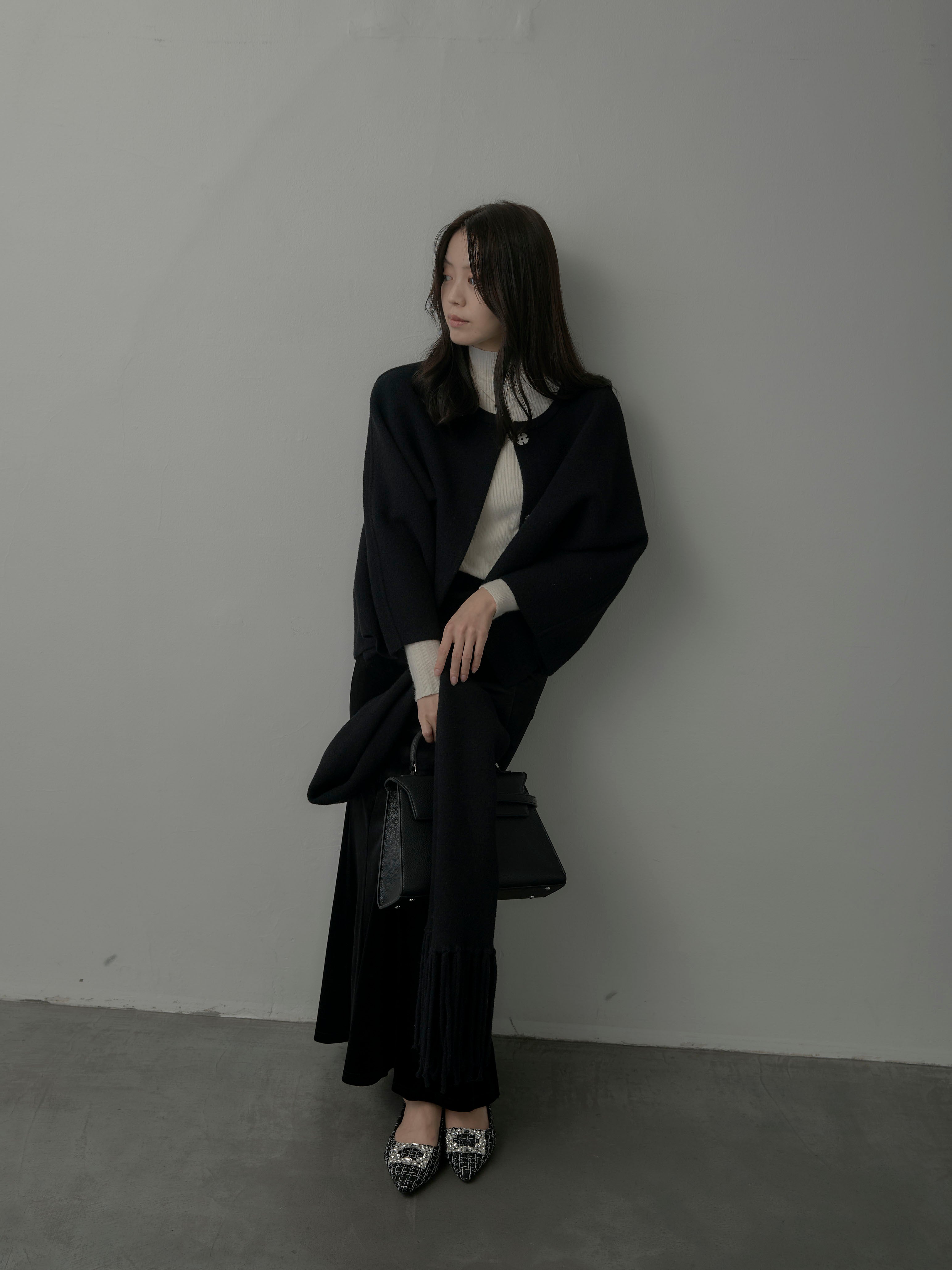 SET】マフラー付き2WAYケープコート+リブニットタートルネック+ベロア