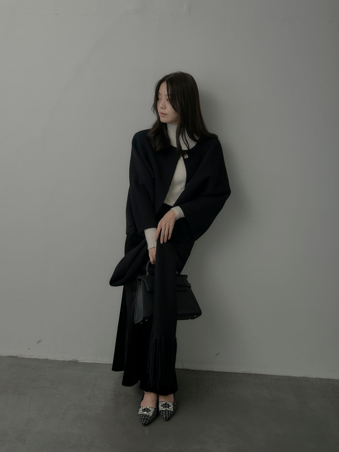 【SET】マフラー付き2WAYケープコート+リブニットタートルネック+ベロアマーメイドスカート(3set)