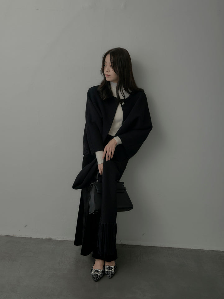 【SET】マフラー付き2WAYケープコート+リブニットタートルネック+ベロアマーメイドスカート(3set)