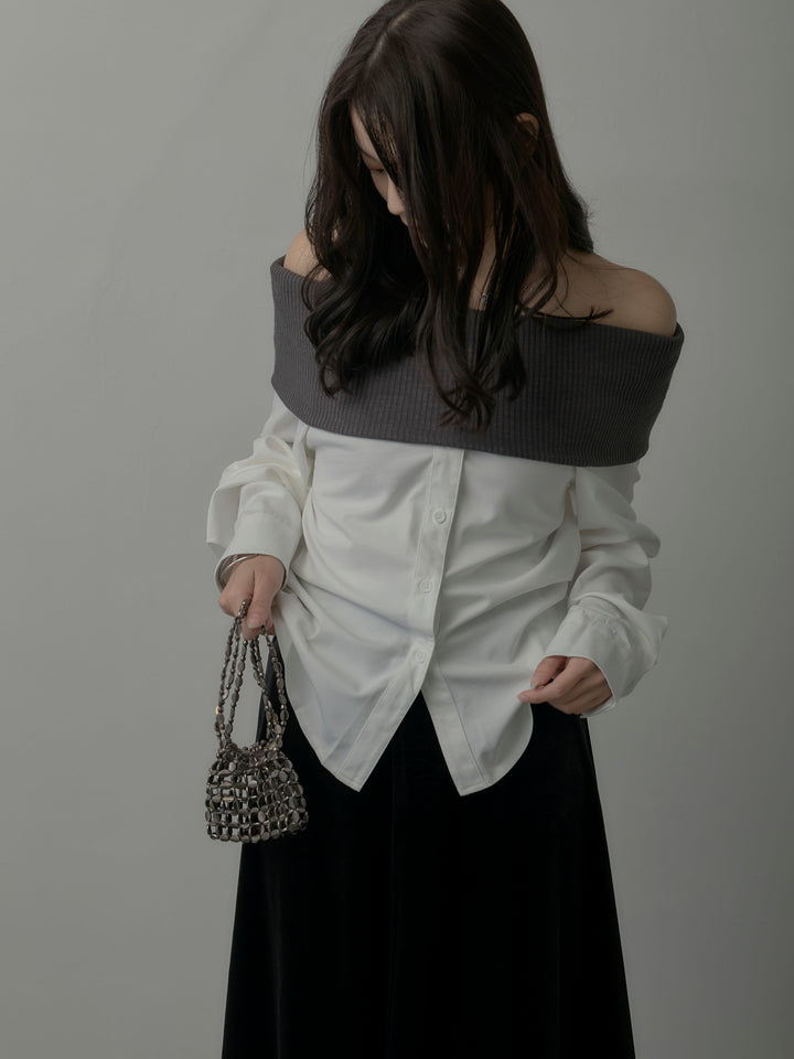 【SET】ニットシャツドッキングオフショルトップス+ベロアフレアロングスカート(2set)