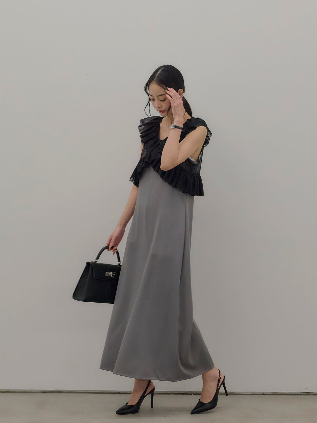 チュールフリルベスト付きツイルキャミワンピース