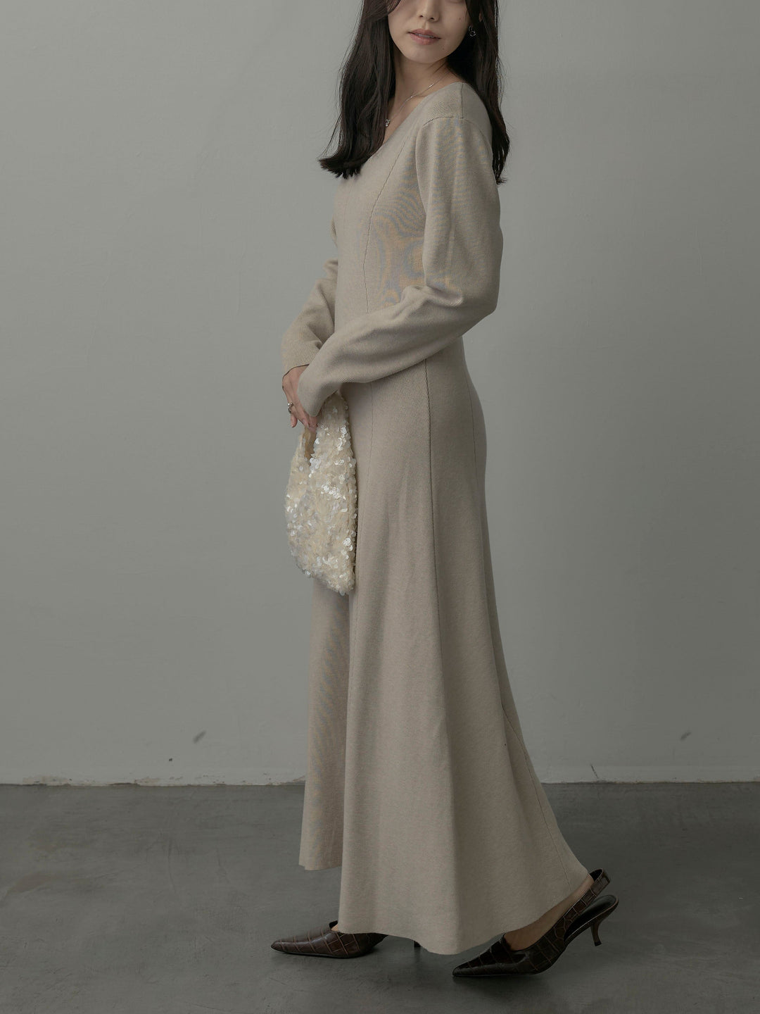 【SET】ショールカラーニットカーディガン+Vネックニットロングワンピース(2set)