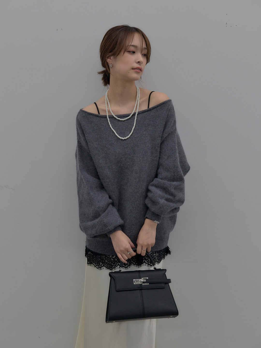 【SET】【premium touch】2wayショルダーニットプルオーバー+ナローAラインサテンスカート(2set)