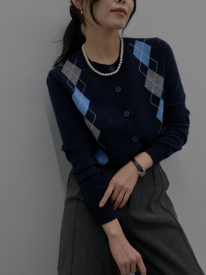 【SET】アーガイル柄ニットカーディガン+裏起毛デザインワイドパンツ(2set)