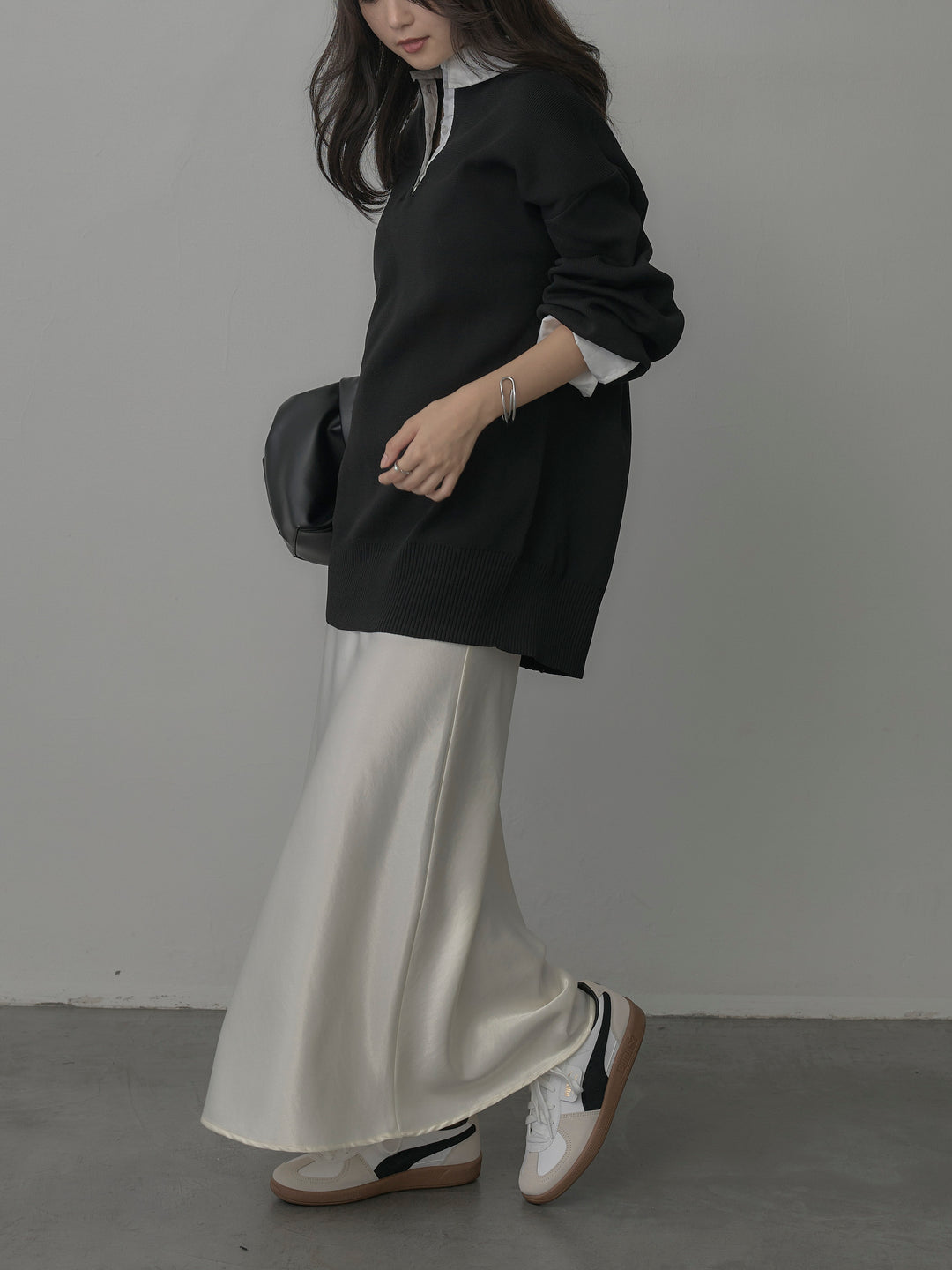 【SET】襟付きポロトップス+ナローAラインサテンスカート(2set)