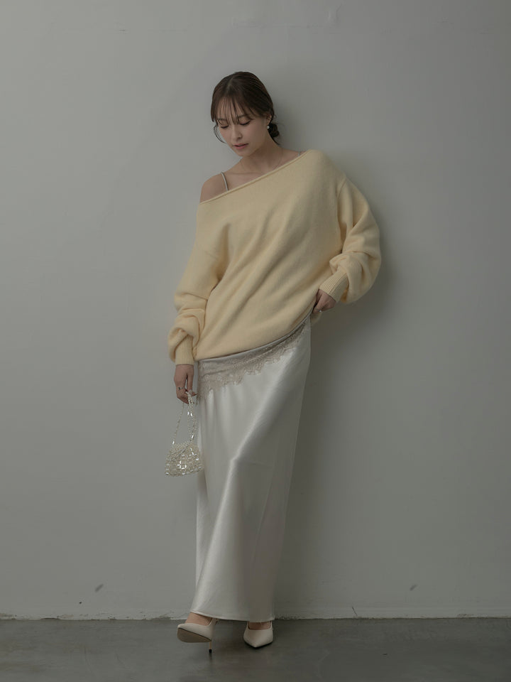 【SET】【premium touch】2wayショルダーニットプルオーバー+レースサテンキャミソール+ナローAラインサテンスカート(3set)
