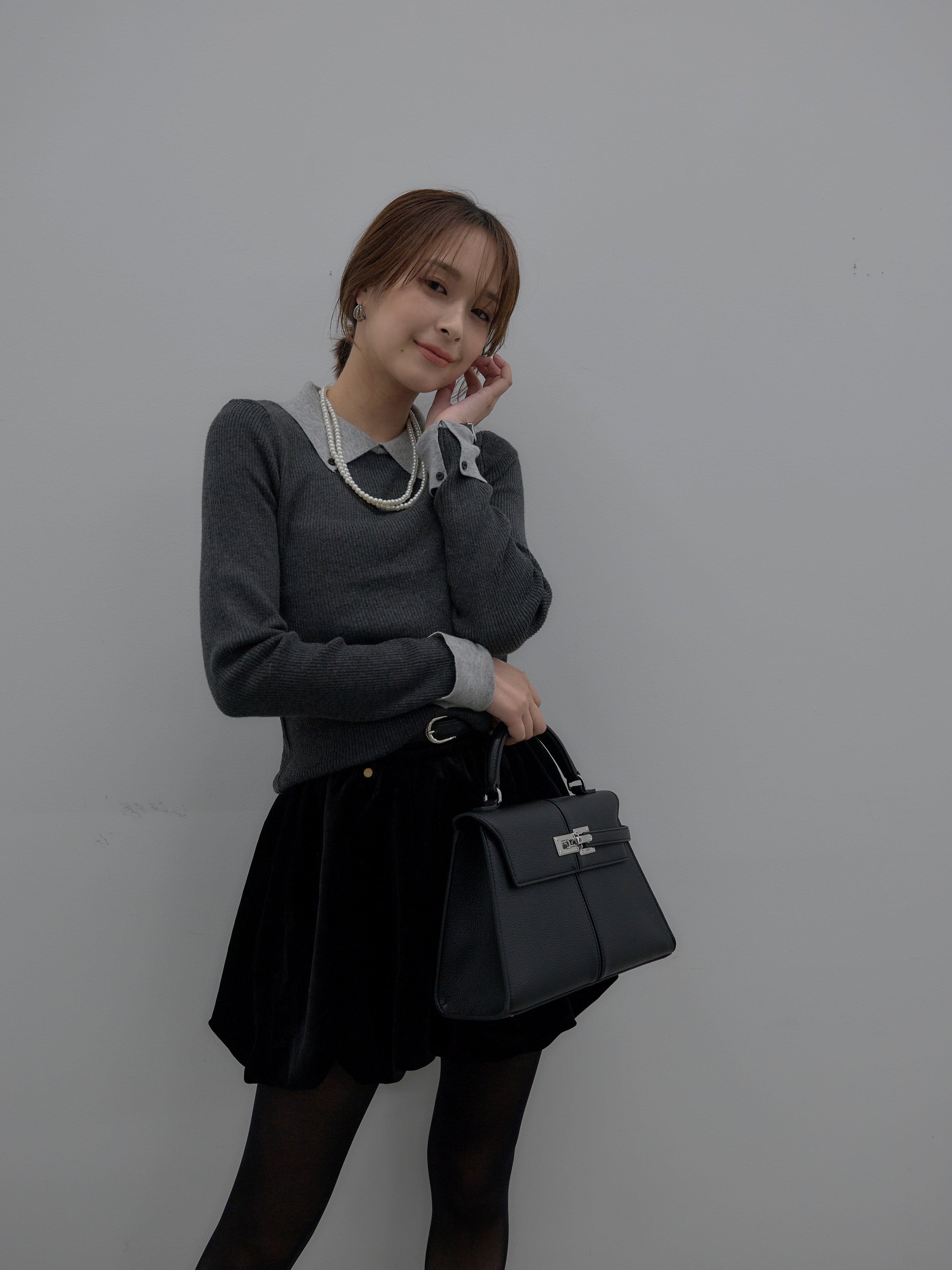 SET】配色カフスニットポロ+ベロアバルーンミニスカート(インパン付き