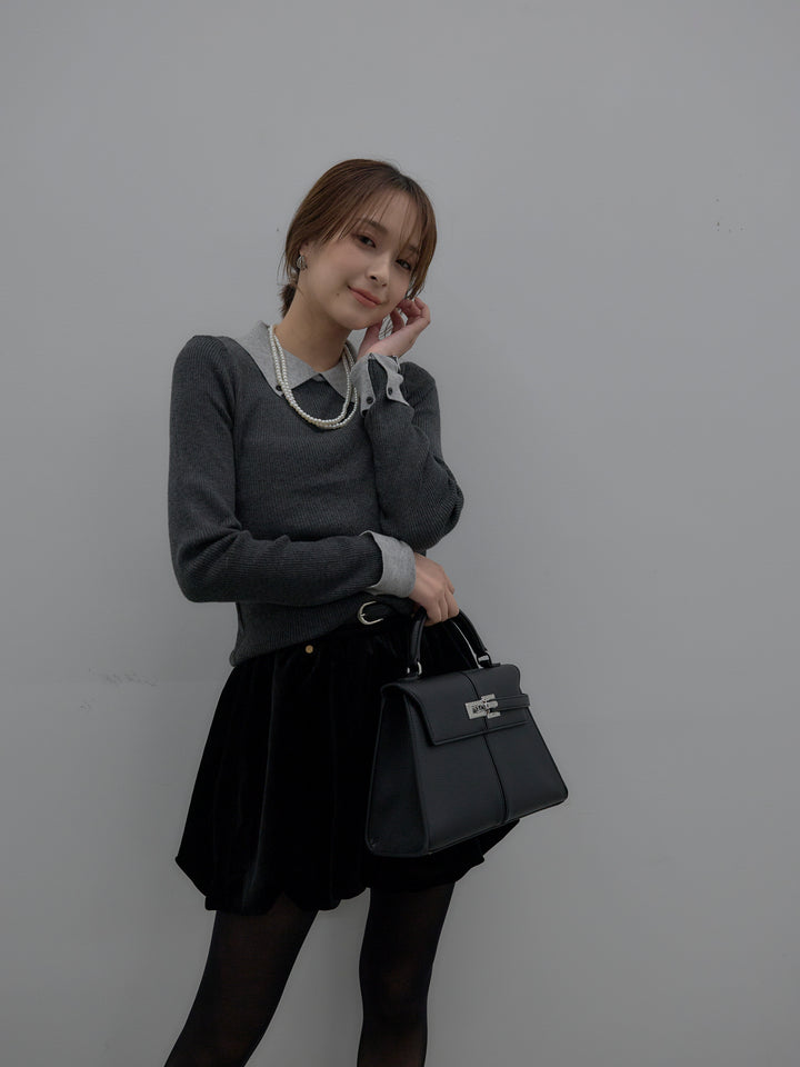 【SET】配色カフスニットポロ+ベロアバルーンミニスカート(インパン付き)(2set)