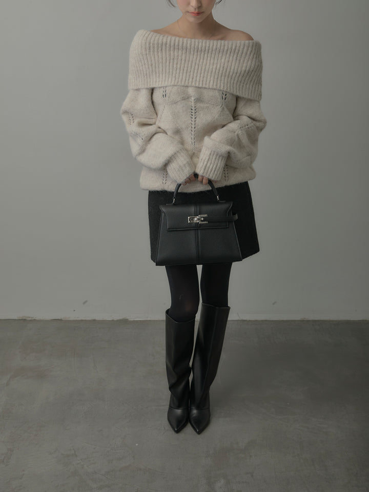 【SET】メランジニットオフショルトップス+ブークレ台形ミニスカート (2set)