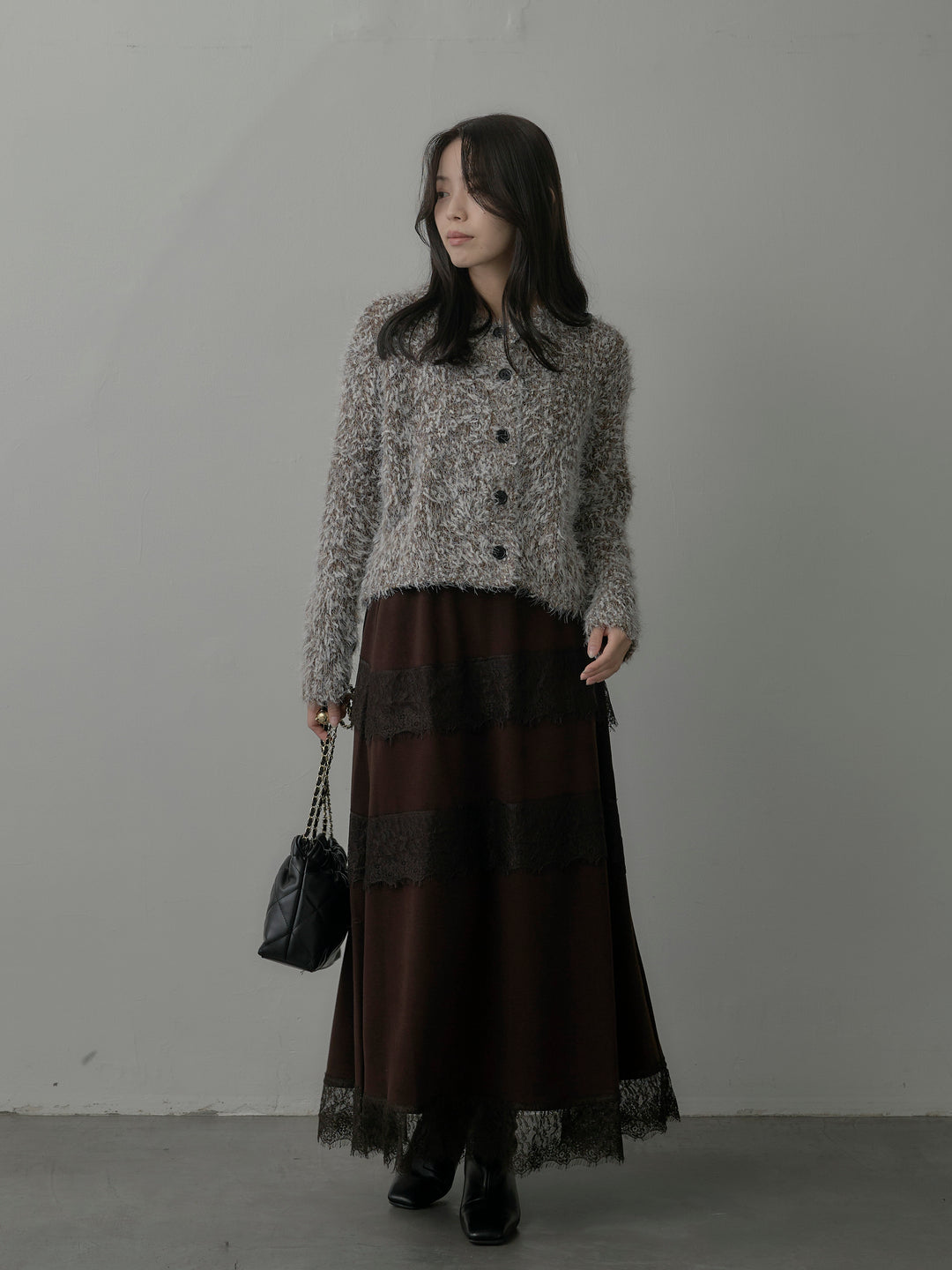 【SET】フェザーループニットカーディガン+レースデザインフレアスカート(2set)