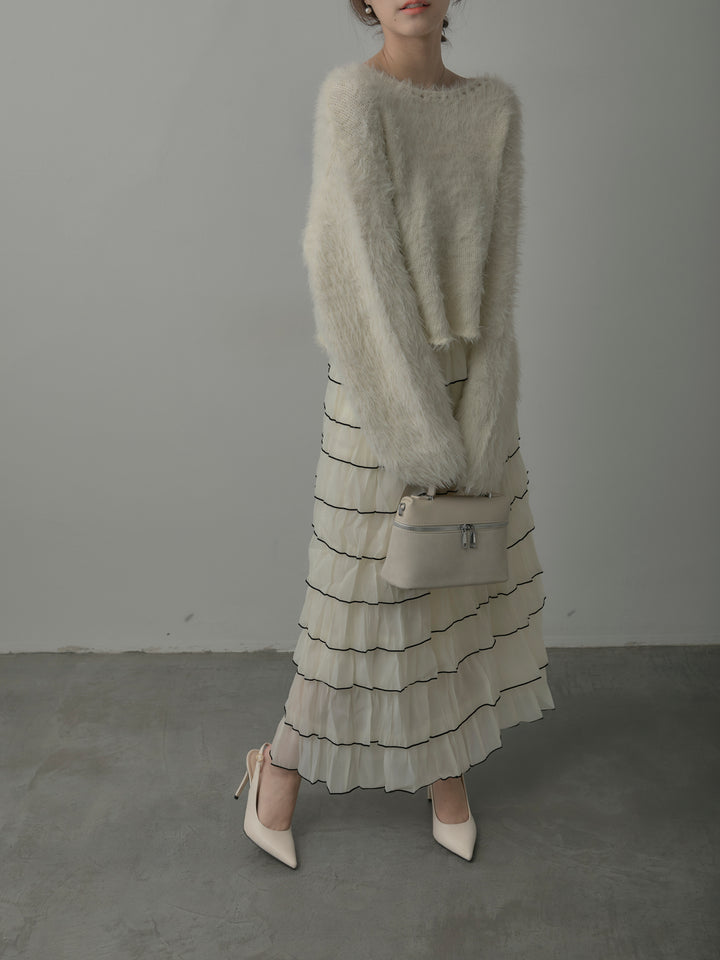 【SET】襟デザインシャギーニットトップス+バイカラーフリルチュールスカート(2set)