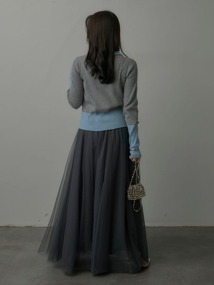 【SET】バイカラーリブニットポロトップス+ボリュームチュールスカート(2set)