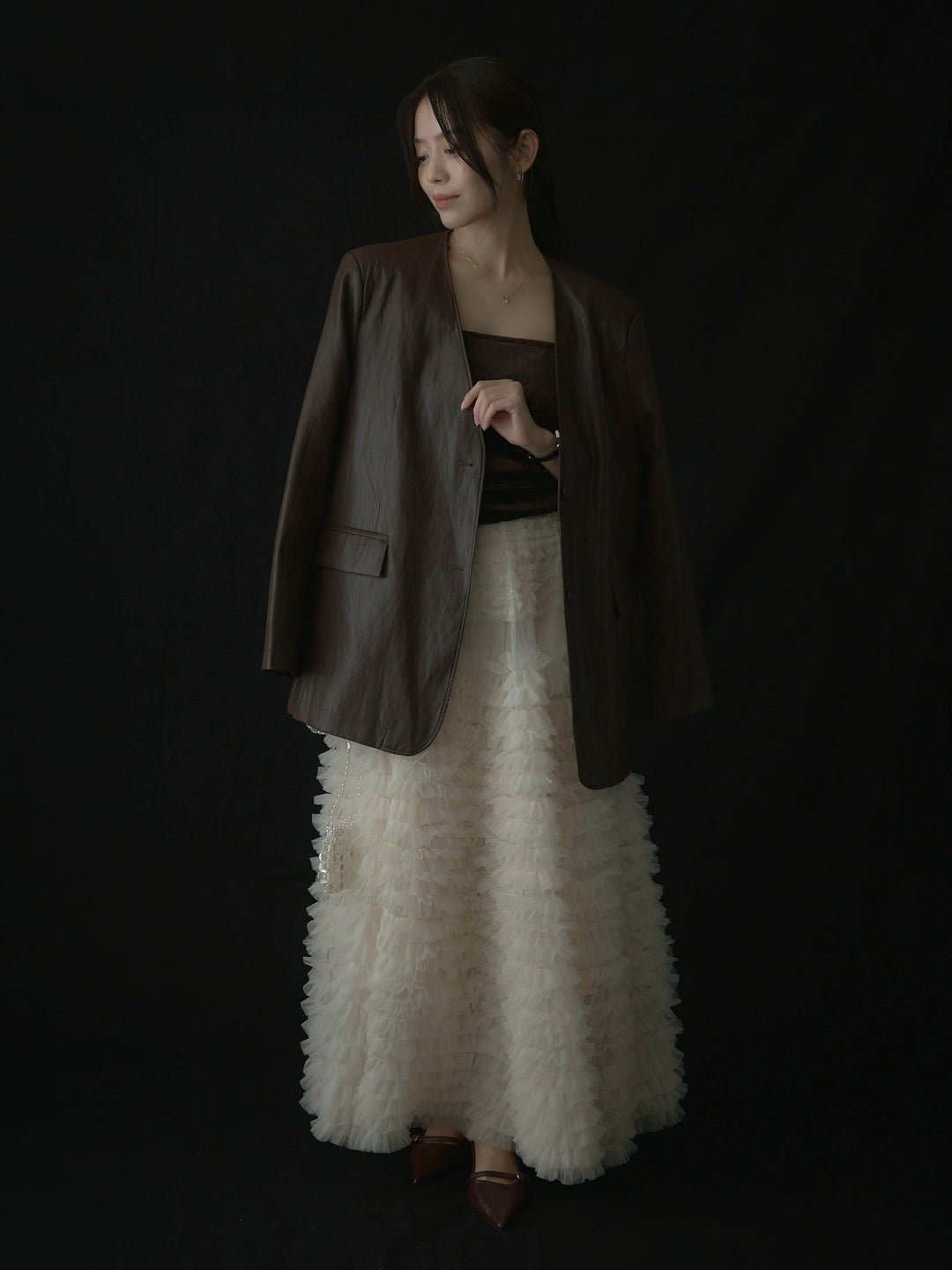 【SET】レザーノーカラージャケット+ドラマチックフリルチュールスカート(2set)