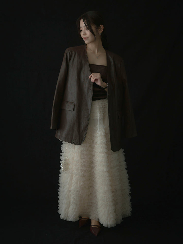 【SET】レザーノーカラージャケット+ドラマチックフリルチュールスカート(2set)