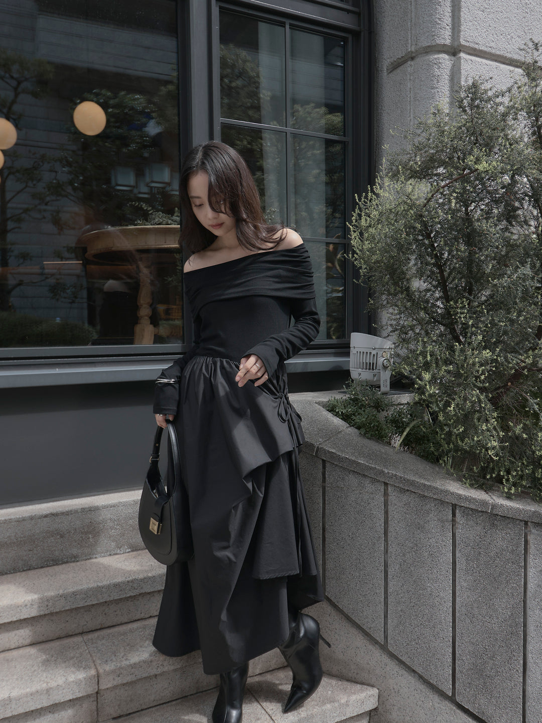 [予約]オフショルリブドッキングワンピース