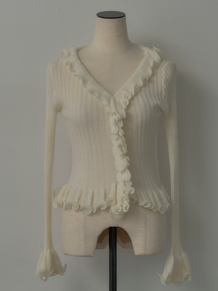 Vネックフリルデザインニットトップス