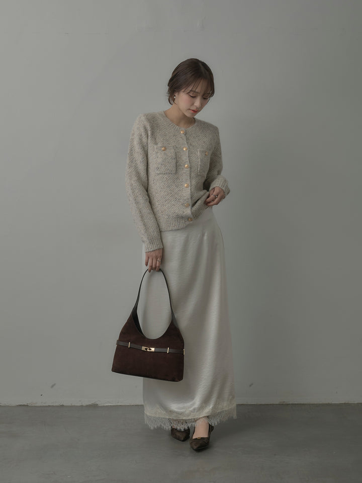 【SET】MIXニットゴールドボタンニットカーディガン+裾レースサテンスカート(2set)